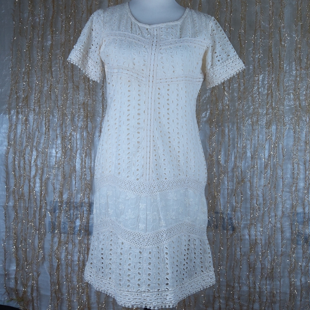 Sundance River Eyelet Dress Lined Petite Size 6 P6 Cream Color Above The Knee - Picture 2 of 11